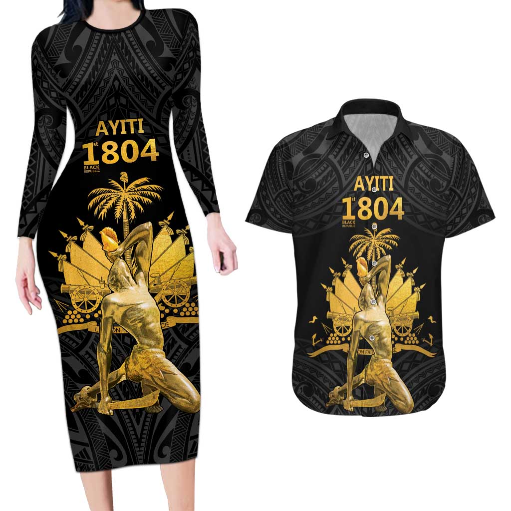 Haitian Negre Marron 1804 Couples Matching Long Sleeve Bodycon Dress and Hawaiian Shirt Black Polynesian Pattern LT9 Black - Polynesian Pride