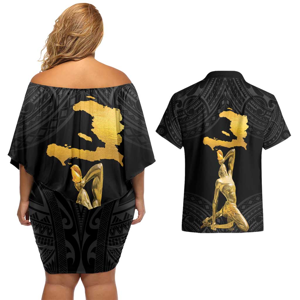 Haitian Negre Marron 1804 Couples Matching Off Shoulder Short Dress and Hawaiian Shirt Black Polynesian Pattern