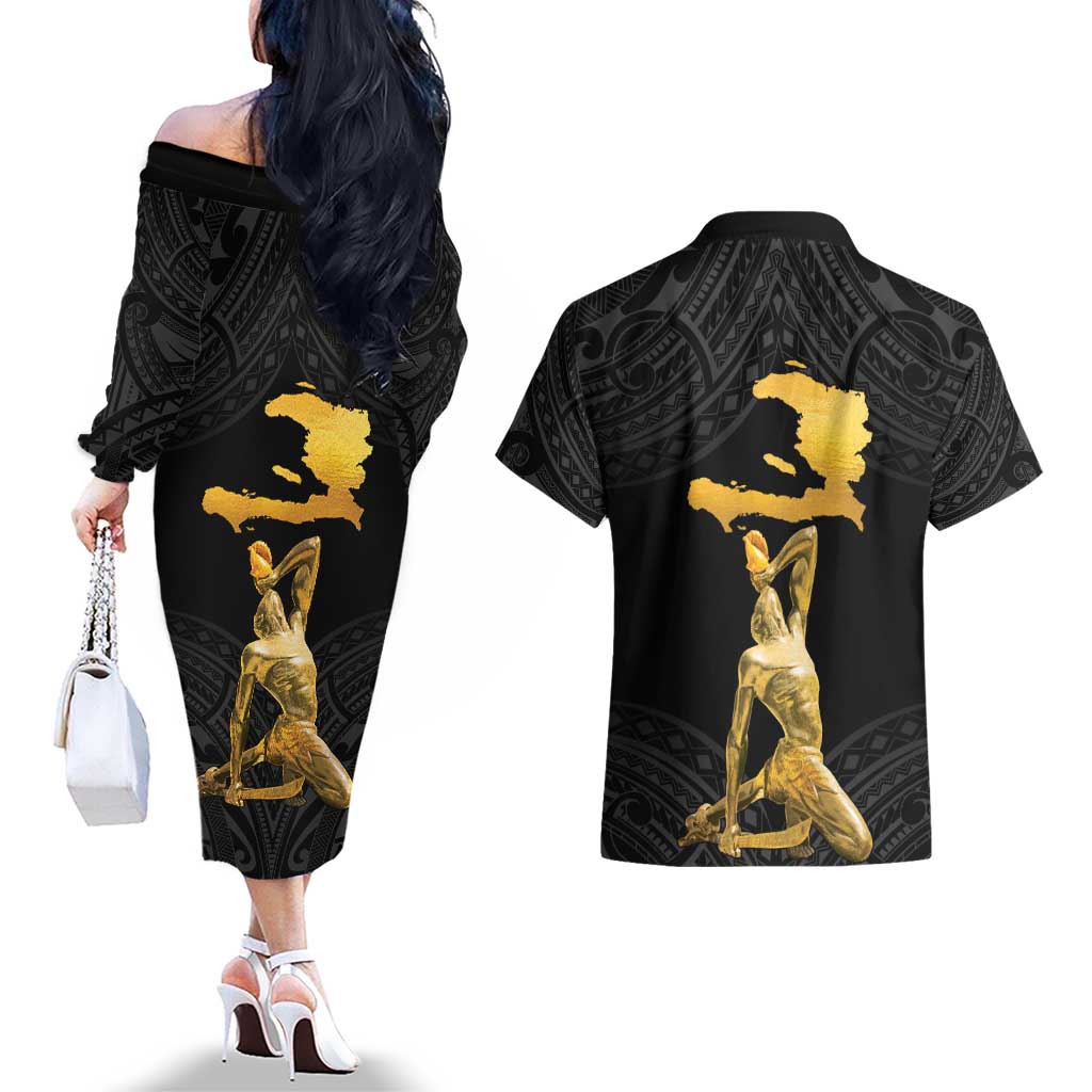 Haitian Negre Marron 1804 Couples Matching Off The Shoulder Long Sleeve Dress and Hawaiian Shirt Black Polynesian Pattern