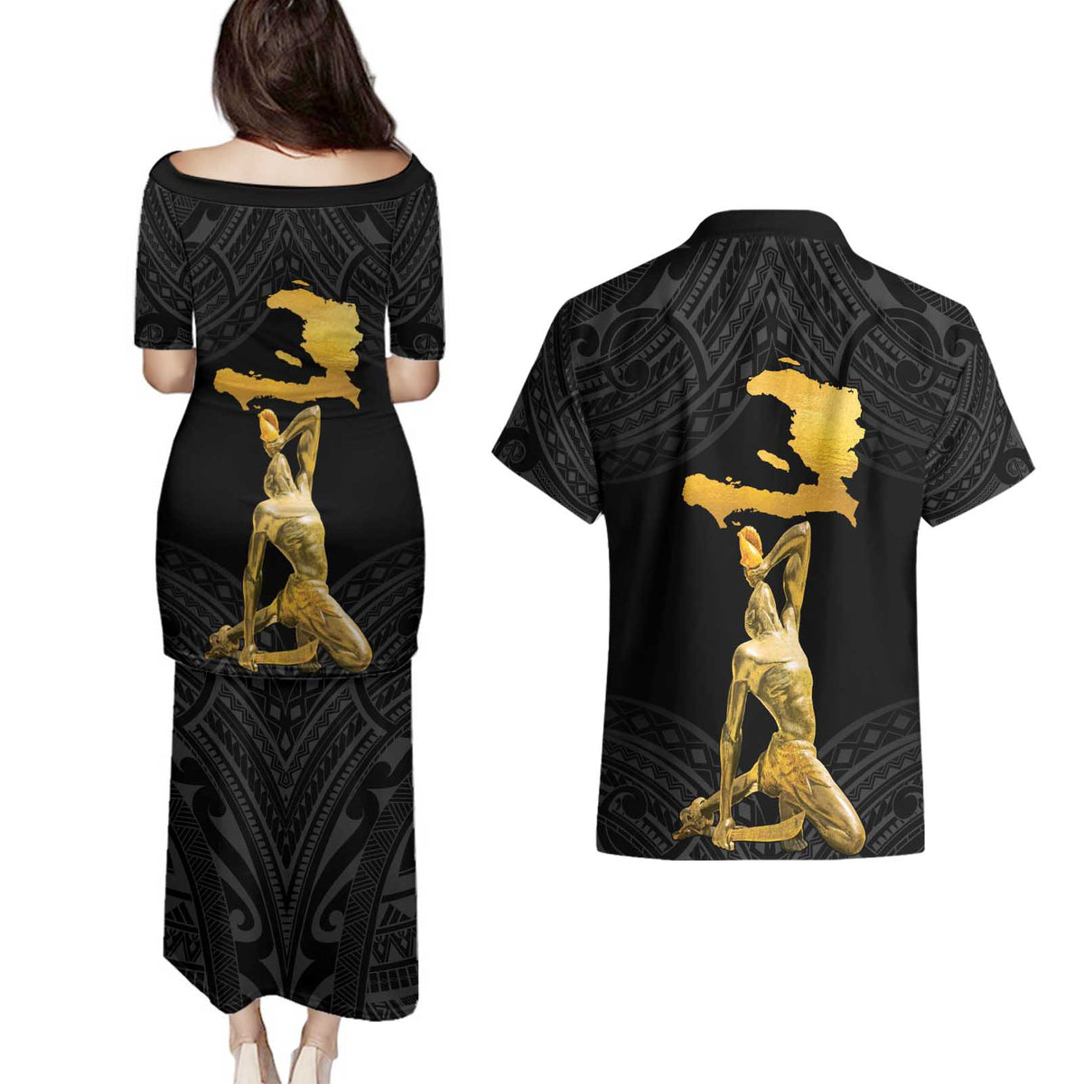 Haitian Negre Marron 1804 Couples Matching Puletasi and Hawaiian Shirt Black Polynesian Pattern