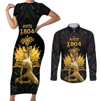 Haitian Negre Marron 1804 Couples Matching Short Sleeve Bodycon Dress and Long Sleeve Button Shirt Black Polynesian Pattern