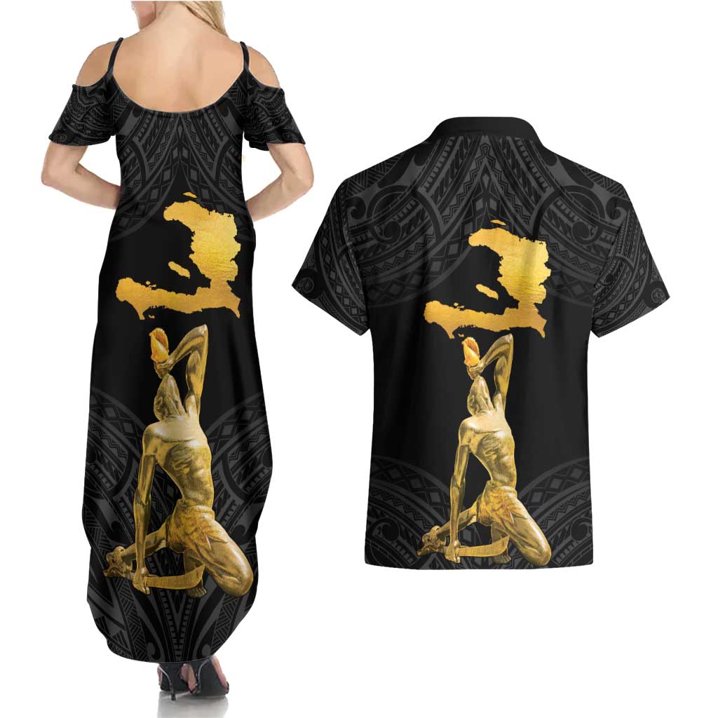 Haitian Negre Marron 1804 Couples Matching Summer Maxi Dress and Hawaiian Shirt Black Polynesian Pattern