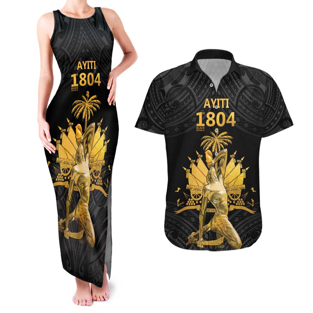 Haitian Negre Marron 1804 Couples Matching Tank Maxi Dress and Hawaiian Shirt Black Polynesian Pattern