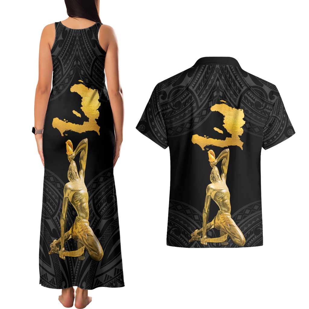 Haitian Negre Marron 1804 Couples Matching Tank Maxi Dress and Hawaiian Shirt Black Polynesian Pattern