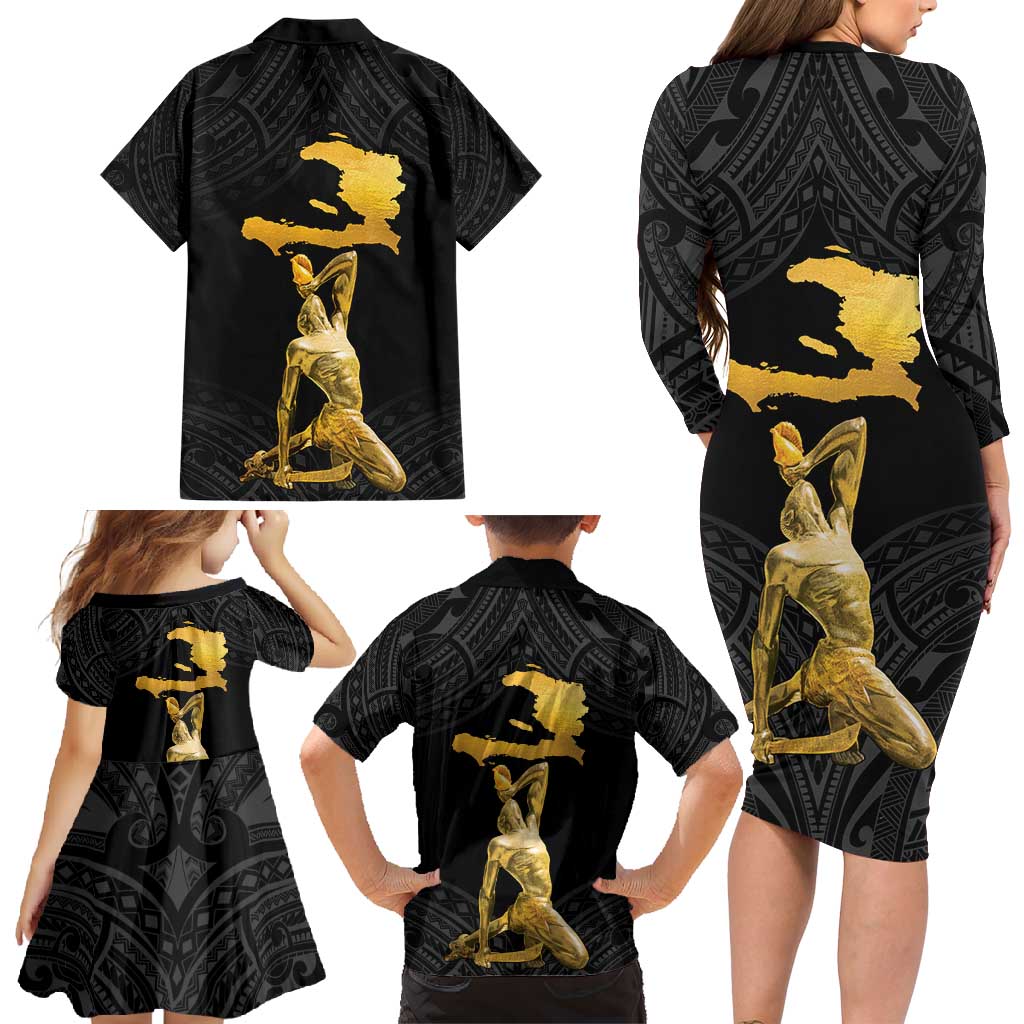 Haitian Negre Marron 1804 Family Matching Long Sleeve Bodycon Dress and Hawaiian Shirt Black Polynesian Pattern