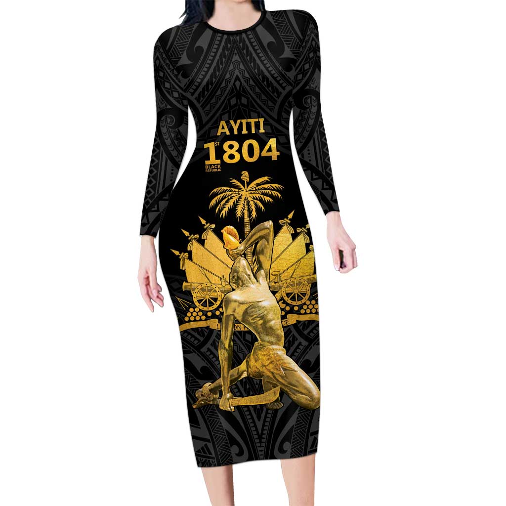 Haitian Negre Marron 1804 Family Matching Long Sleeve Bodycon Dress and Hawaiian Shirt Black Polynesian Pattern