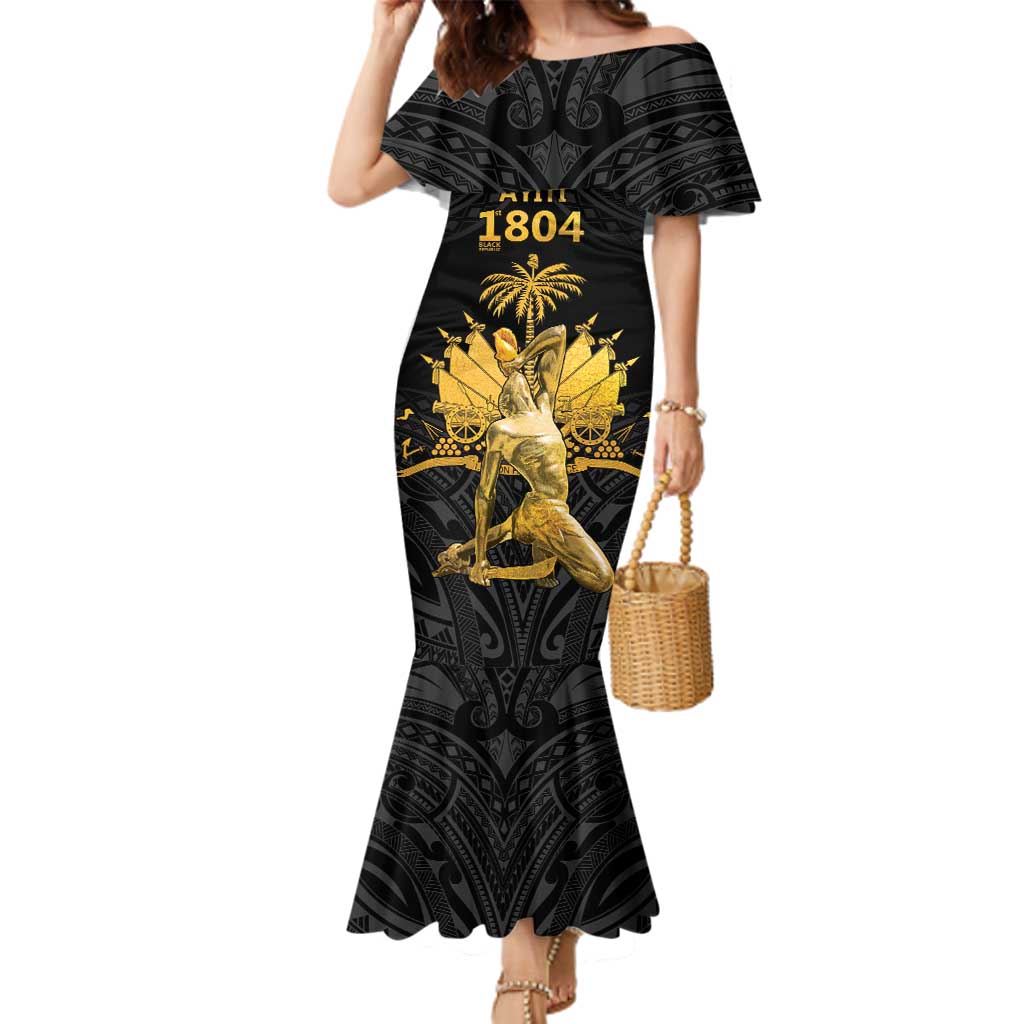 Haitian Negre Marron 1804 Family Matching Mermaid Dress and Hawaiian Shirt Black Polynesian Pattern