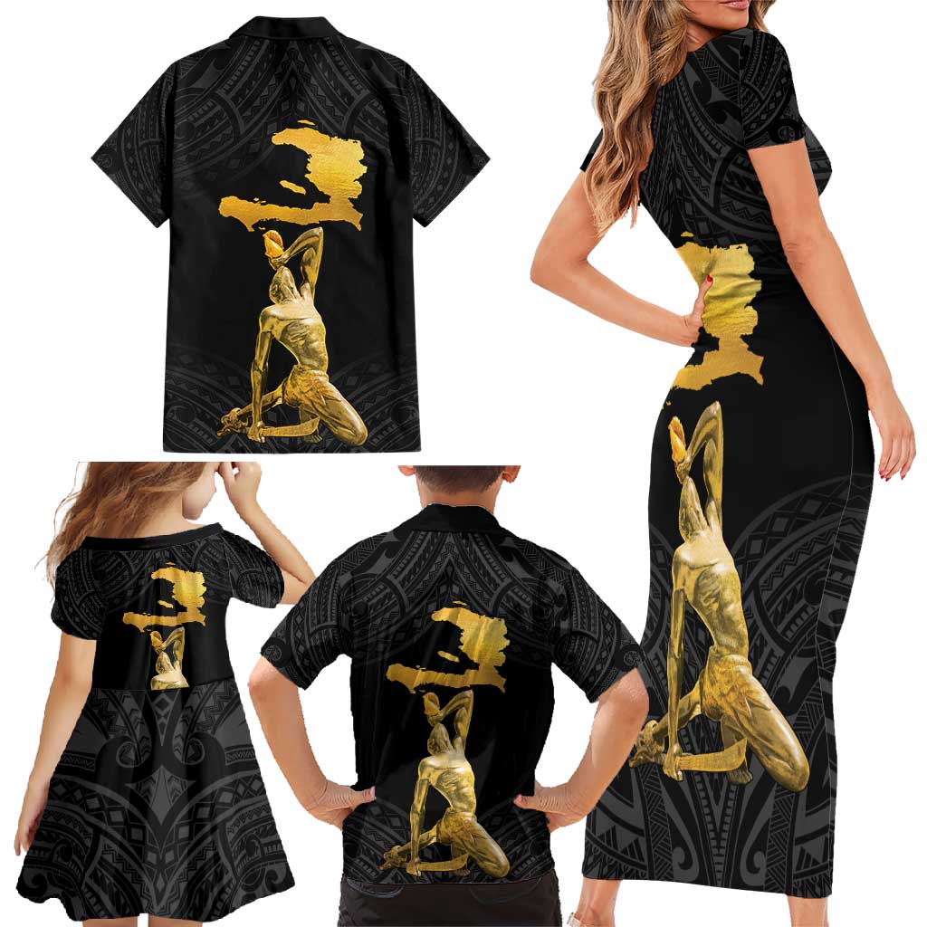 Haitian Negre Marron 1804 Family Matching Short Sleeve Bodycon Dress and Hawaiian Shirt Black Polynesian Pattern