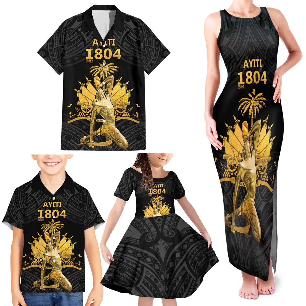 Haitian Negre Marron 1804 Family Matching Tank Maxi Dress and Hawaiian Shirt Black Polynesian Pattern LT9 - Polynesian Pride
