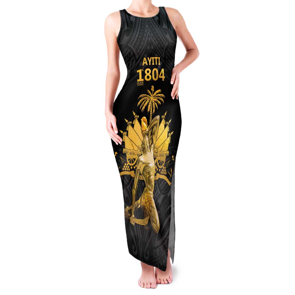 Haitian Negre Marron 1804 Family Matching Tank Maxi Dress and Hawaiian Shirt Black Polynesian Pattern