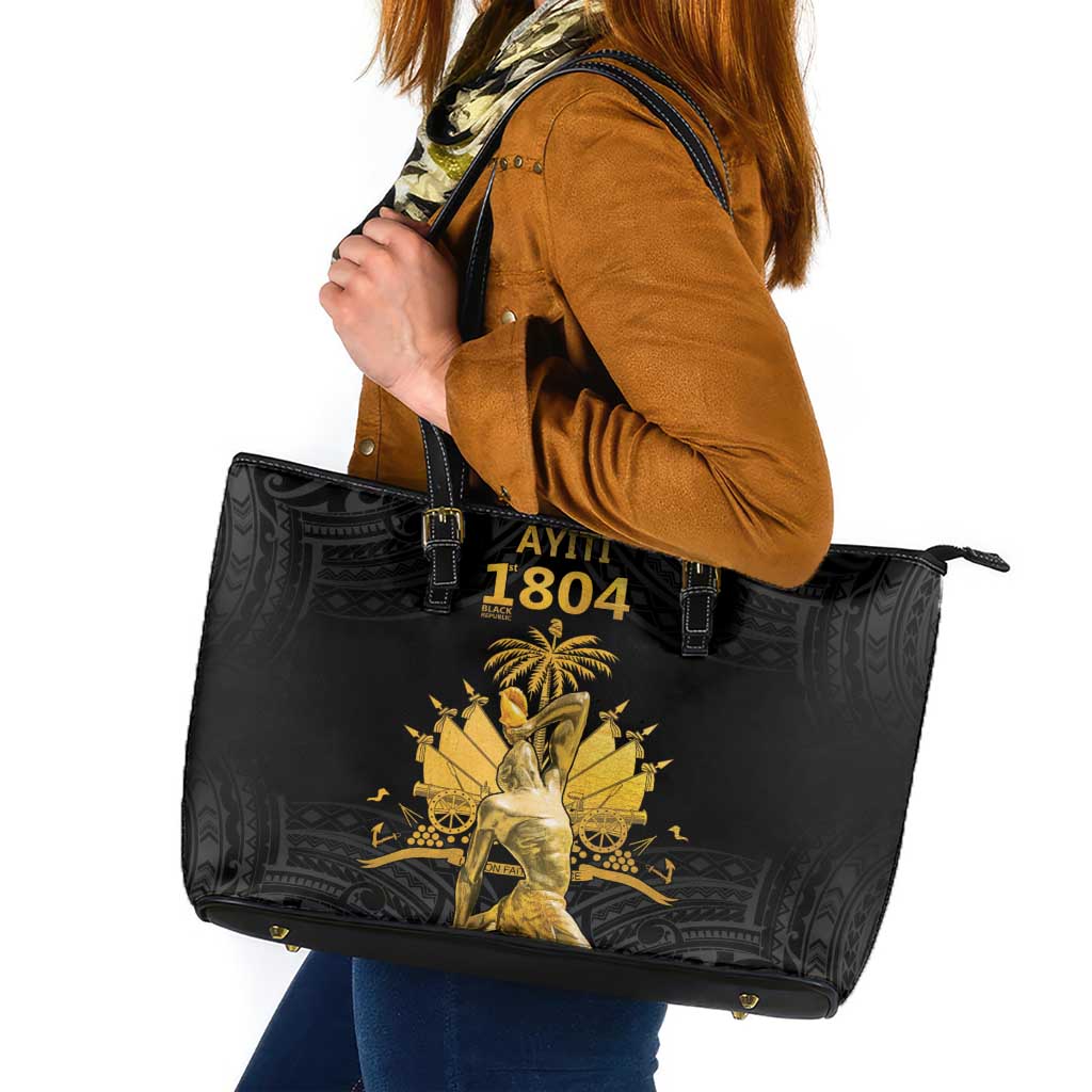 Haitian Negre Marron 1804 Leather Tote Bag Black Polynesian Pattern LT9 Black - Polynesian Pride