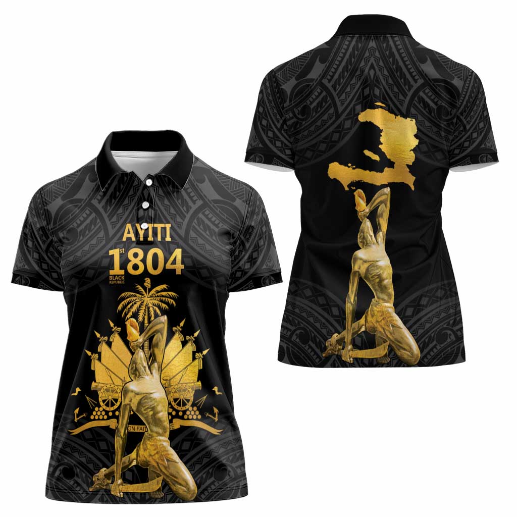 Haitian Negre Marron 1804 Women Polo Shirt Black Polynesian Pattern
