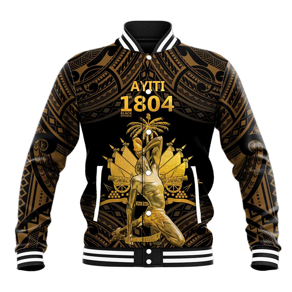Haitian Negre Marron 1804 Baseball Jacket Gold Polynesian Pattern
