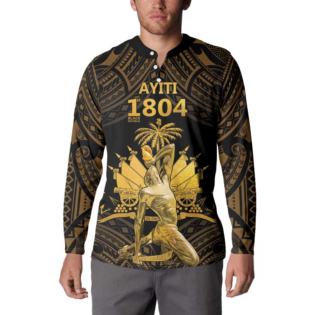 Haitian Negre Marron 1804 Button Sweatshirt Gold Polynesian Pattern
