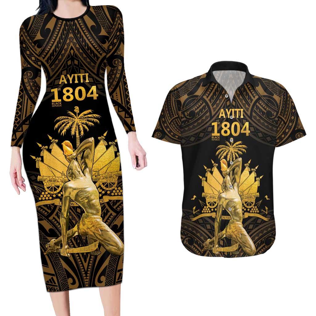 Haitian Negre Marron 1804 Couples Matching Long Sleeve Bodycon Dress and Hawaiian Shirt Gold Polynesian Pattern LT9 Gold - Polynesian Pride