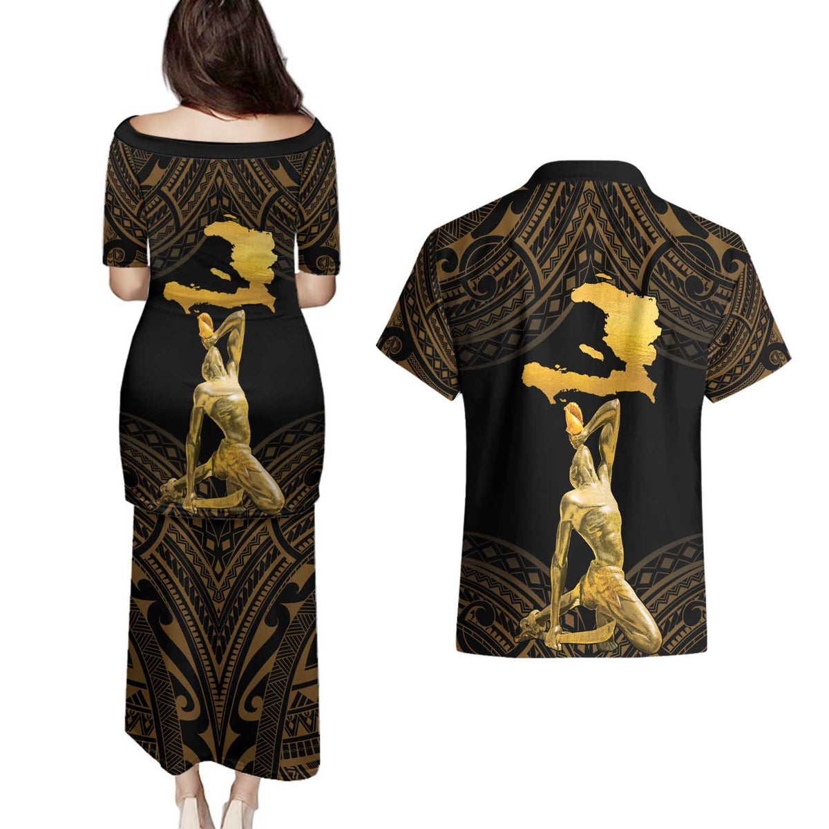 Haitian Negre Marron 1804 Couples Matching Puletasi and Hawaiian Shirt Gold Polynesian Pattern