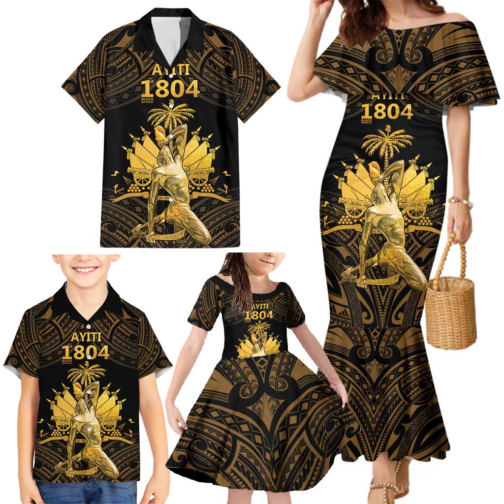 Haitian Negre Marron 1804 Family Matching Mermaid Dress and Hawaiian Shirt Gold Polynesian Pattern LT9 - Polynesian Pride