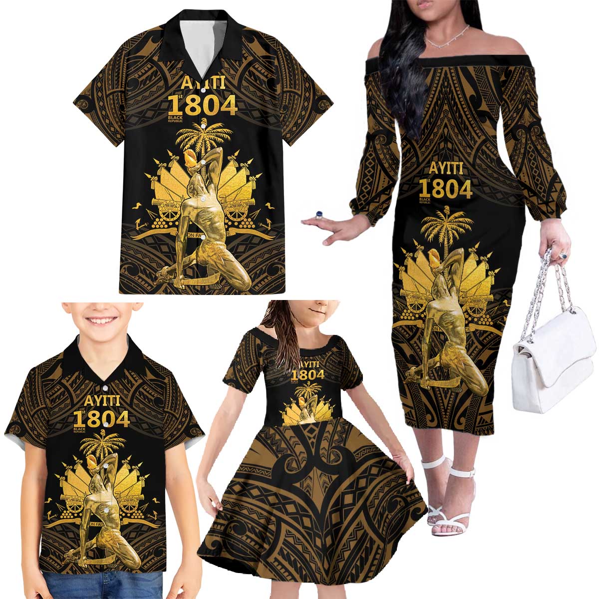 Haitian Negre Marron 1804 Family Matching Off The Shoulder Long Sleeve Dress and Hawaiian Shirt Gold Polynesian Pattern LT9 - Polynesian Pride