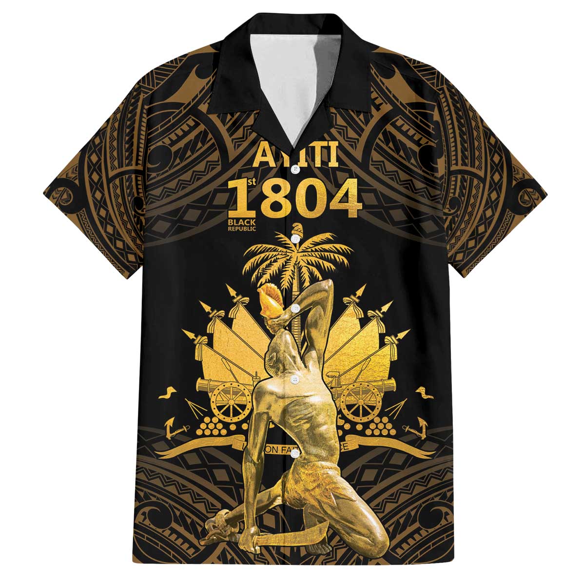 Haitian Negre Marron 1804 Family Matching Off The Shoulder Long Sleeve Dress and Hawaiian Shirt Gold Polynesian Pattern LT9 Dad's Shirt - Short Sleeve Gold - Polynesian Pride