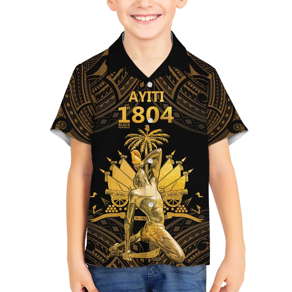 Haitian Negre Marron 1804 Family Matching Off The Shoulder Long Sleeve Dress and Hawaiian Shirt Gold Polynesian Pattern LT9 Son's Shirt Gold - Polynesian Pride