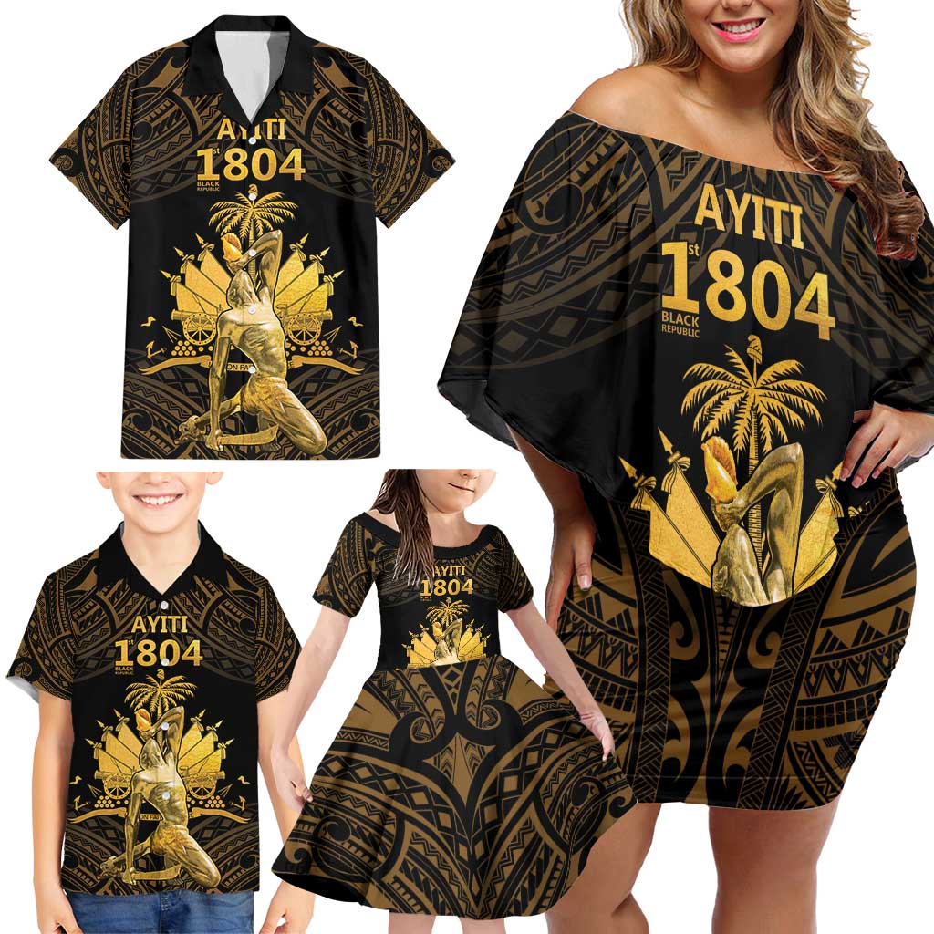 Haitian Negre Marron 1804 Family Matching Off Shoulder Short Dress and Hawaiian Shirt Gold Polynesian Pattern LT9 - Polynesian Pride