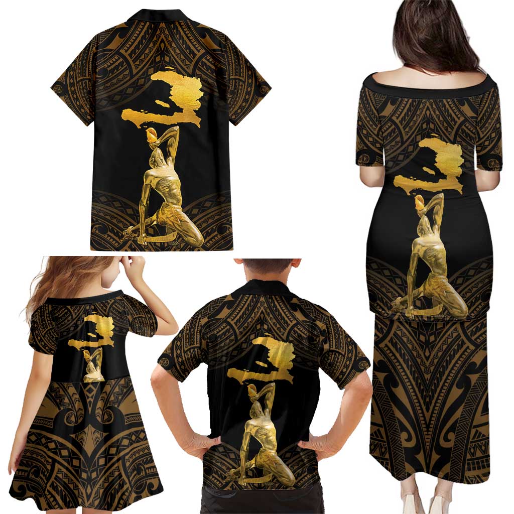 Haitian Negre Marron 1804 Family Matching Puletasi and Hawaiian Shirt Gold Polynesian Pattern