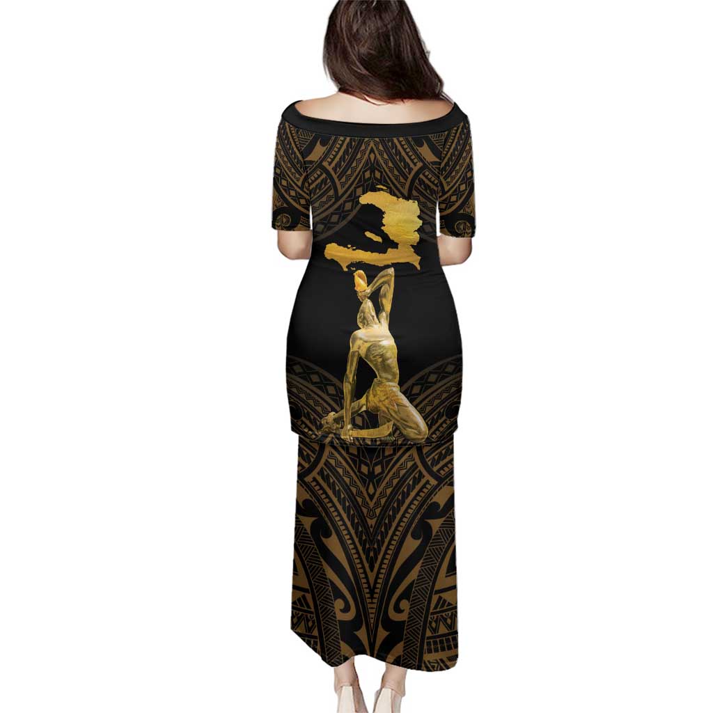 Haitian Negre Marron 1804 Family Matching Puletasi and Hawaiian Shirt Gold Polynesian Pattern