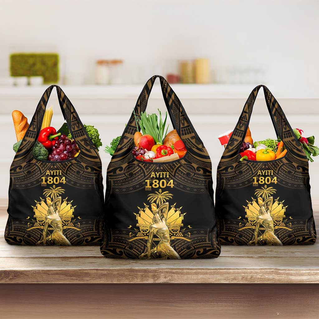 Haitian Negre Marron 1804 Grocery Bag Gold Polynesian Pattern