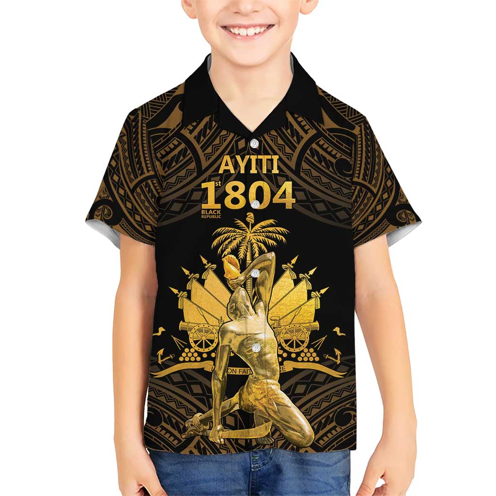 Haitian Negre Marron 1804 Kid Hawaiian Shirt Gold Polynesian Pattern