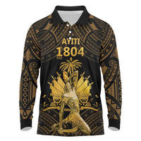 Haitian Negre Marron 1804 Long Sleeve Polo Shirt Gold Polynesian Pattern