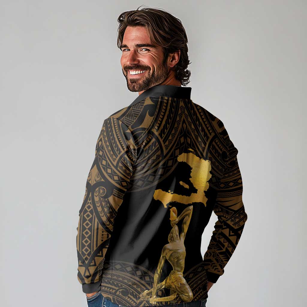 Haitian Negre Marron 1804 Long Sleeve Polo Shirt Gold Polynesian Pattern