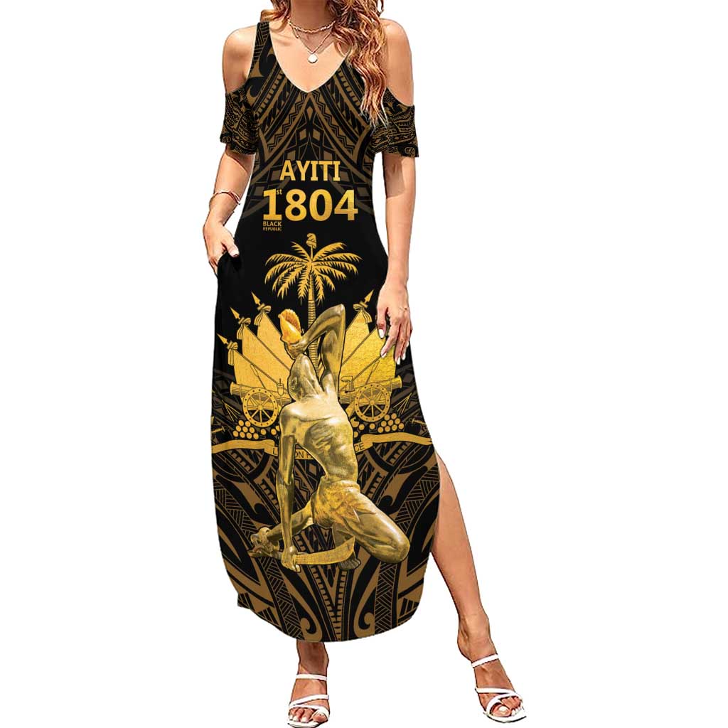 Haitian Negre Marron 1804 Summer Maxi Dress Gold Polynesian Pattern LT9 Women Gold - Polynesian Pride