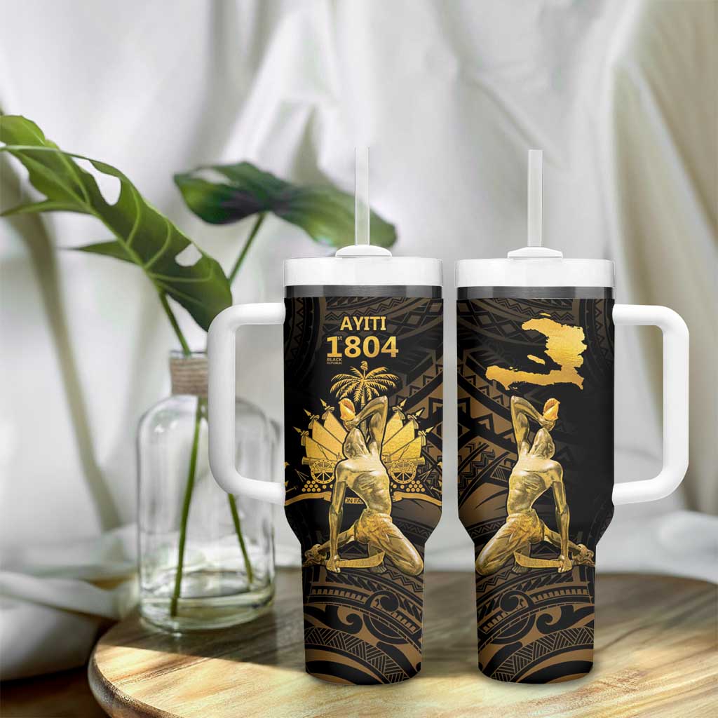 Haitian Negre Marron 1804 Tumbler With Handle Gold Polynesian Pattern