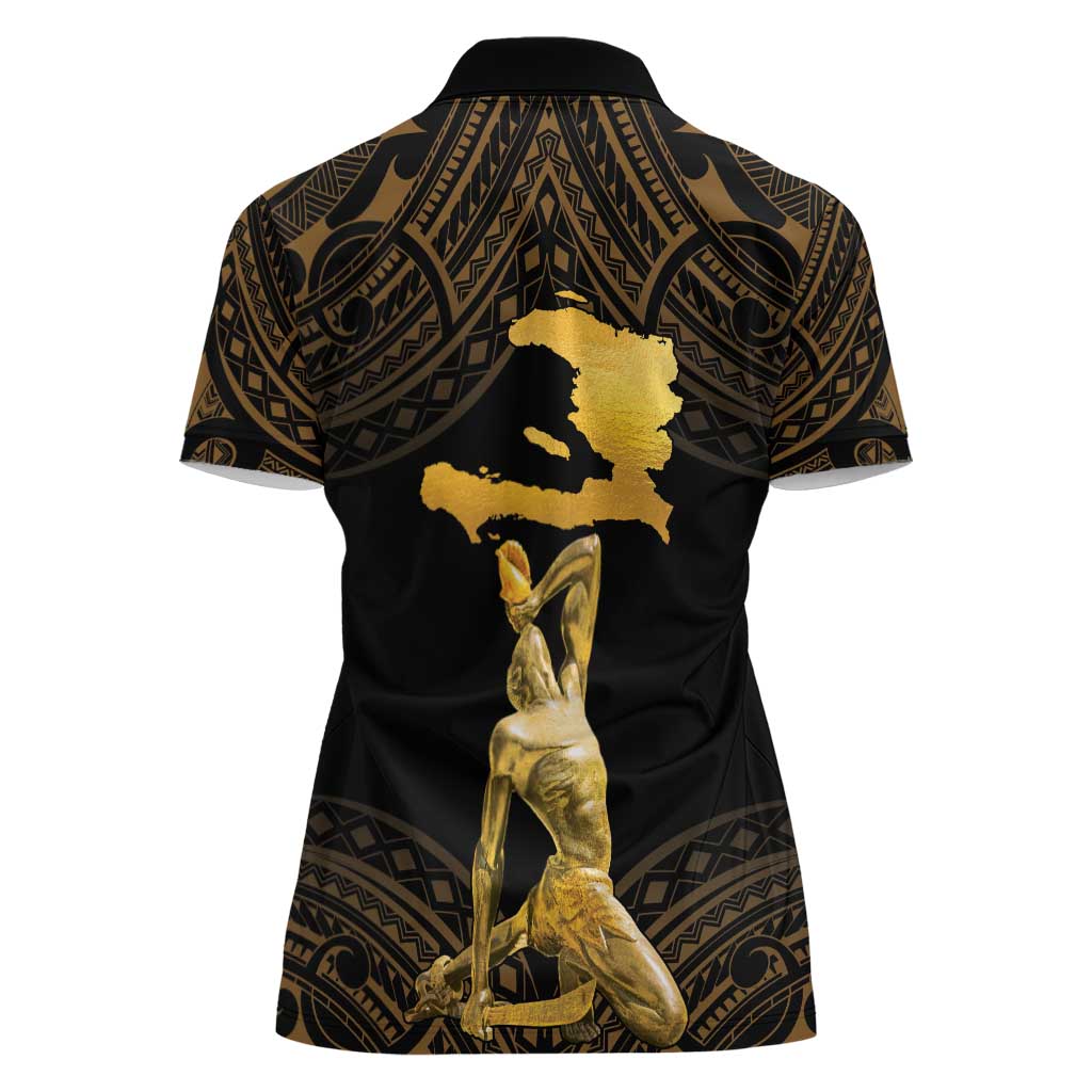 Haitian Negre Marron 1804 Women Polo Shirt Gold Polynesian Pattern
