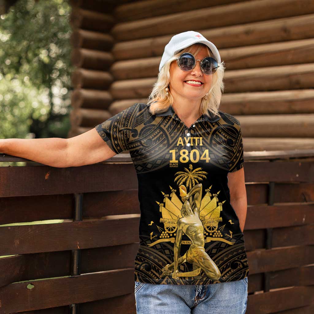 Haitian Negre Marron 1804 Women Polo Shirt Gold Polynesian Pattern
