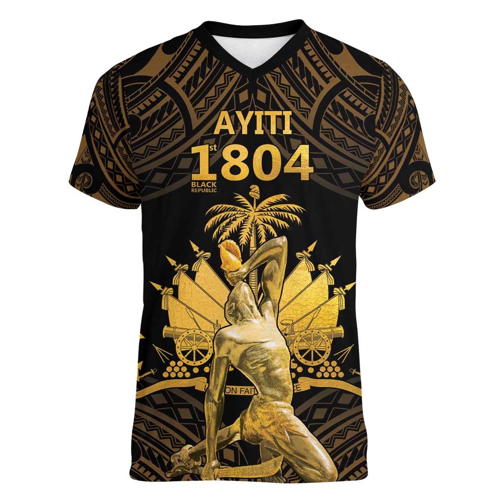 Haitian Negre Marron 1804 Women V-Neck T-Shirt Gold Polynesian Pattern