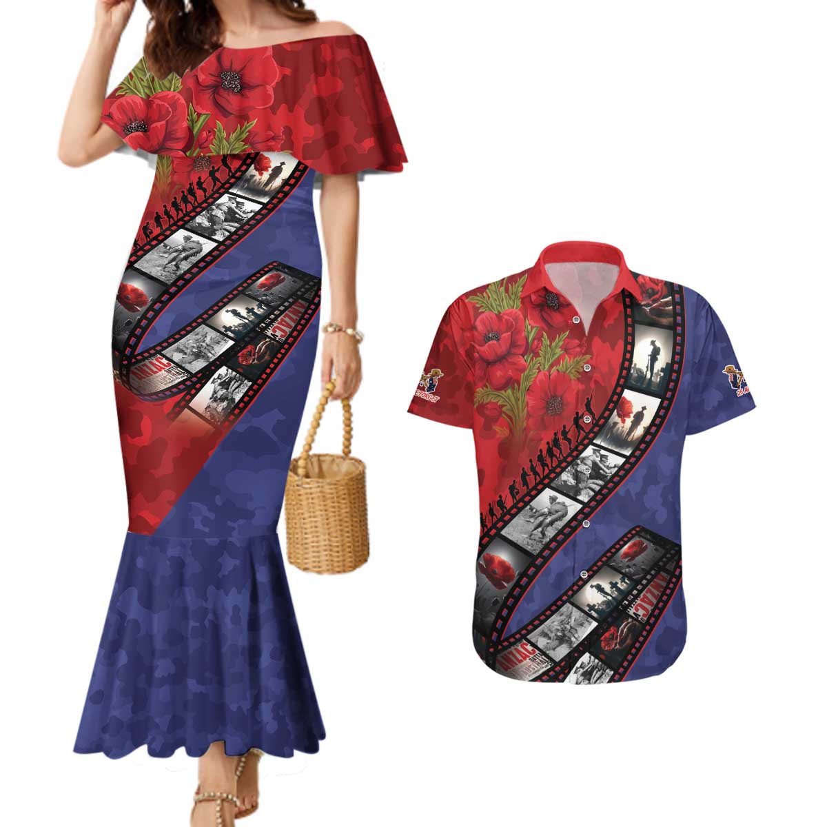 Personalised ANZAC Spirit 1915-2026 Filmstrip Tribute Couples Matching Mermaid Dress and Hawaiian Shirt Lest We Forget 25 April
