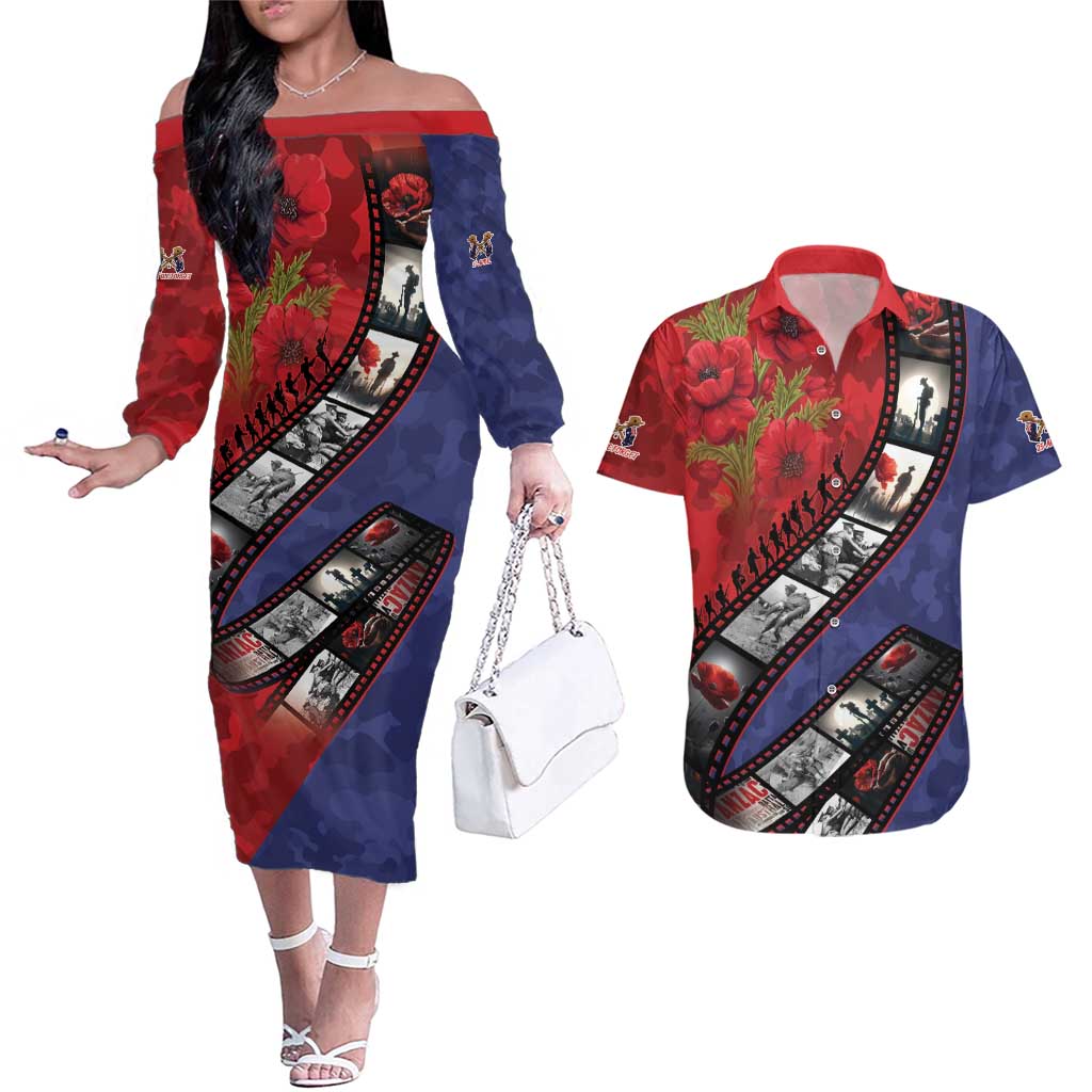 Personalised ANZAC Spirit 1915-2026 Filmstrip Tribute Couples Matching Off The Shoulder Long Sleeve Dress and Hawaiian Shirt Lest We Forget 25 April LT9 Red - Polynesian Pride