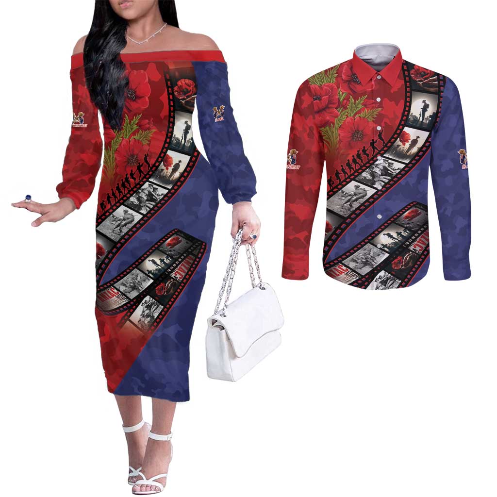 Personalised ANZAC Spirit 1915-2026 Filmstrip Tribute Couples Matching Off The Shoulder Long Sleeve Dress and Long Sleeve Button Shirt Lest We Forget 25 April