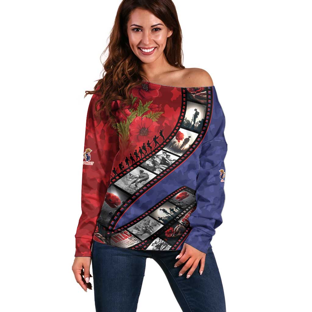 Personalised ANZAC Spirit 1915-2026 Filmstrip Tribute Off Shoulder Sweater Lest We Forget 25 April