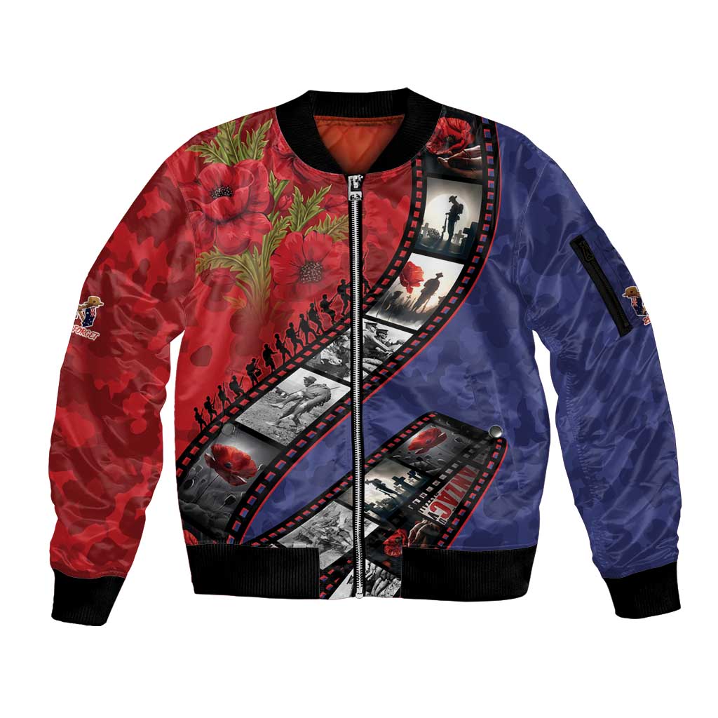 Personalised ANZAC Spirit 1915-2026 Filmstrip Tribute Sleeve Zip Bomber Jacket Lest We Forget 25 April