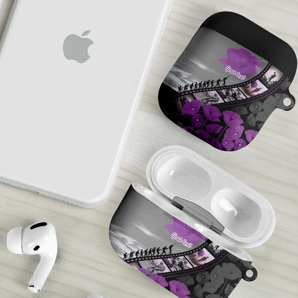 Personalised Remembering ANZAC Lest We Forget AirPods Case Vintage Film Frame Memorial Purple Poppy