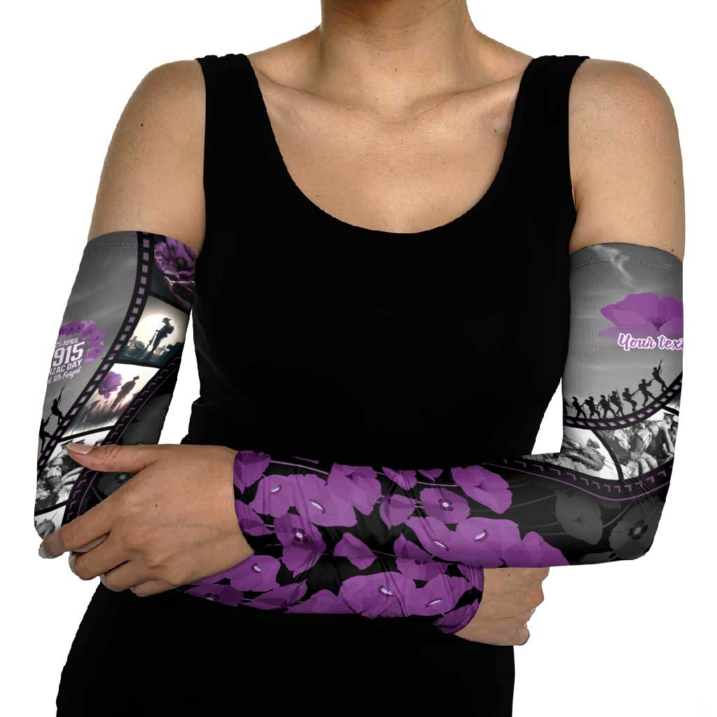 Personalised Remembering ANZAC Lest We Forget Arm Sleeves Vintage Film Frame Memorial Purple Poppy