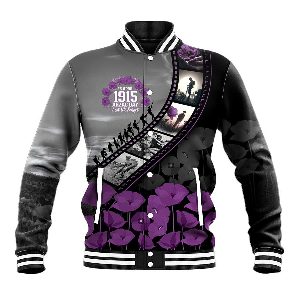 Personalised Remembering ANZAC Lest We Forget Baseball Jacket Vintage Film Frame Memorial Purple Poppy