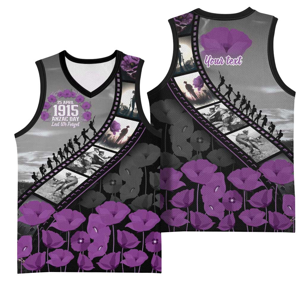 Personalised Remembering ANZAC Lest We Forget Basketball Jersey Vintage Film Frame Memorial Purple Poppy