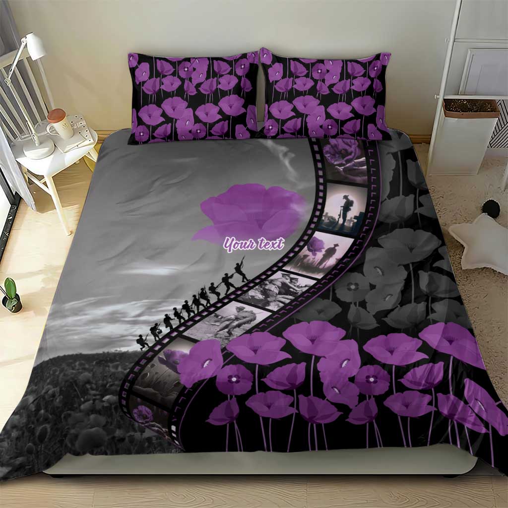 Personalised Remembering ANZAC Lest We Forget Bedding Set Vintage Film Frame Memorial Purple Poppy