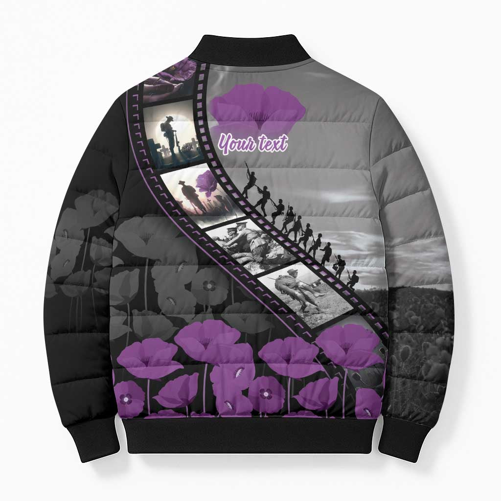 Personalised Remembering ANZAC Lest We Forget Bomber Puffer Jacket Vintage Film Frame Memorial Purple Poppy