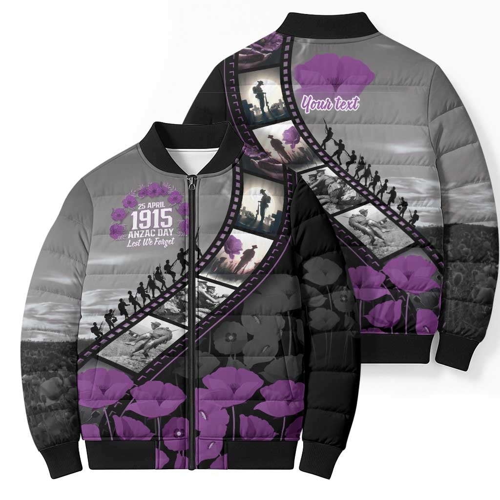 Personalised Remembering ANZAC Lest We Forget Bomber Puffer Jacket Vintage Film Frame Memorial Purple Poppy