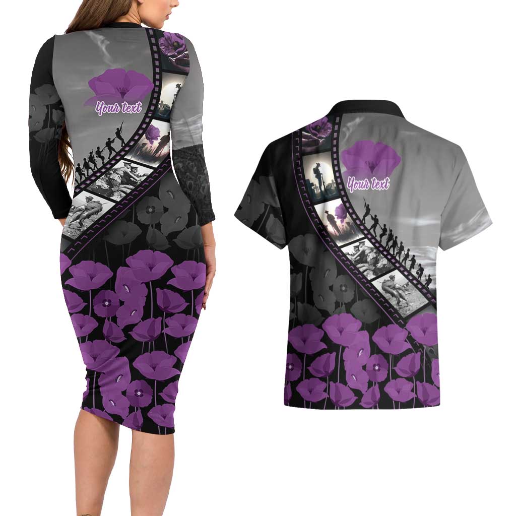 Personalised Remembering ANZAC Lest We Forget Couples Matching Long Sleeve Bodycon Dress and Hawaiian Shirt Vintage Film Frame Memorial Purple Poppy LT9 - Polynesian Pride