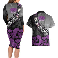 Personalised Remembering ANZAC Lest We Forget Couples Matching Long Sleeve Bodycon Dress and Hawaiian Shirt Vintage Film Frame Memorial Purple Poppy LT9 - Polynesian Pride
